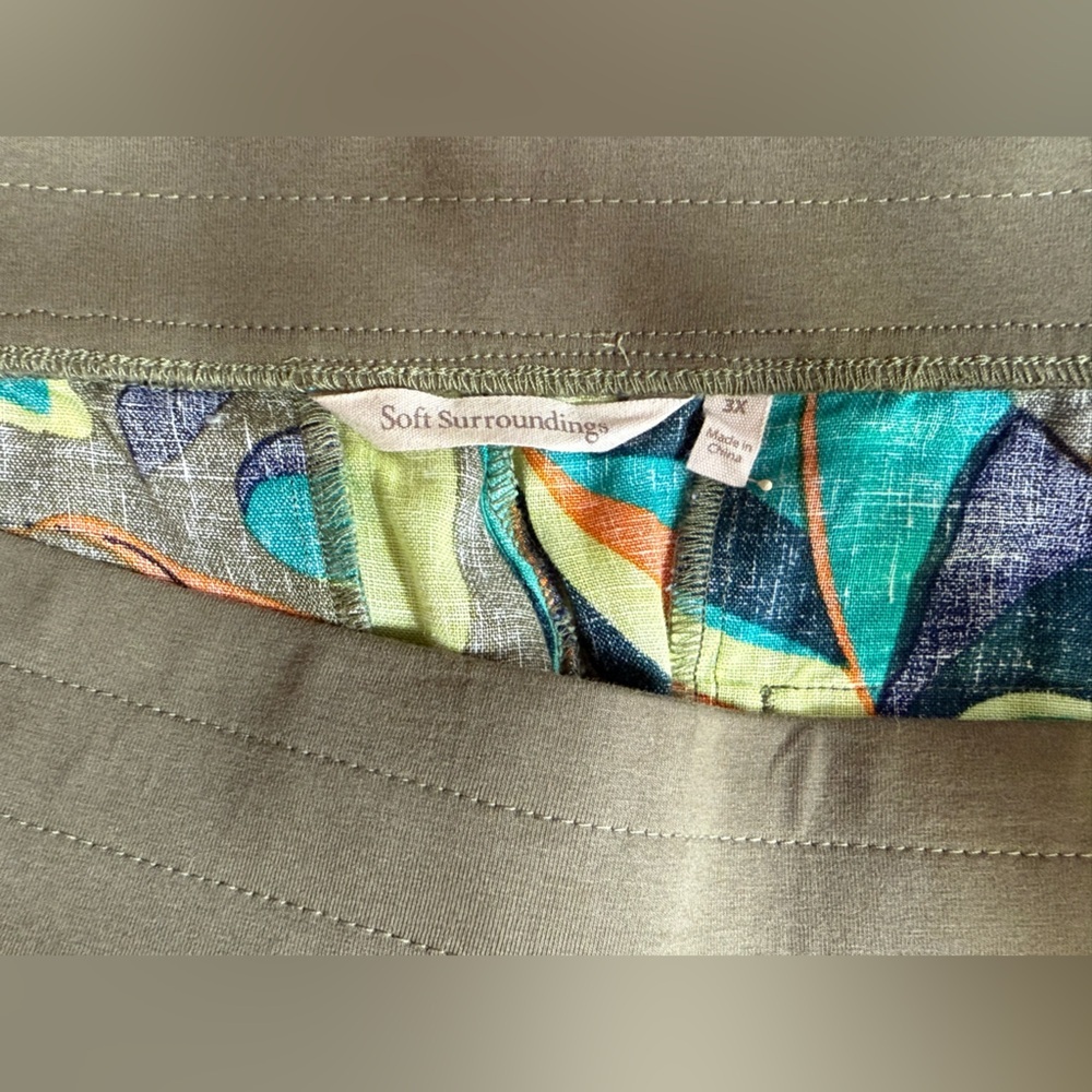 SOFT SURROUNDINGS Olive green & orange tropical print Linen pants size 3X. - Picture 9 of 13
